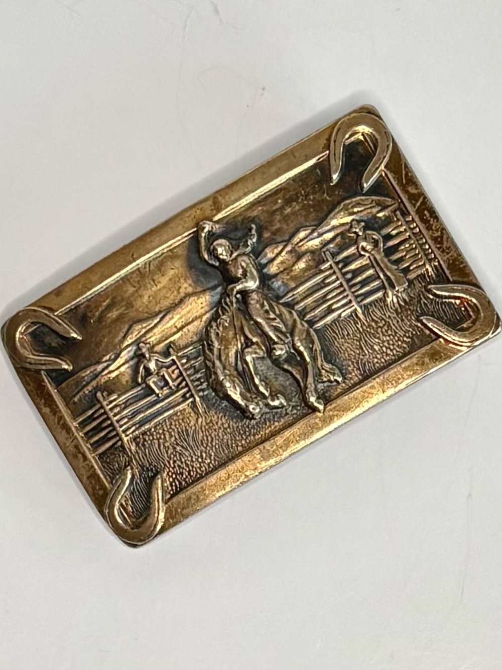 Vintage 1940s Brass Belt Buckle Western Rodeo Scene Cowboy Horseshoe Corners